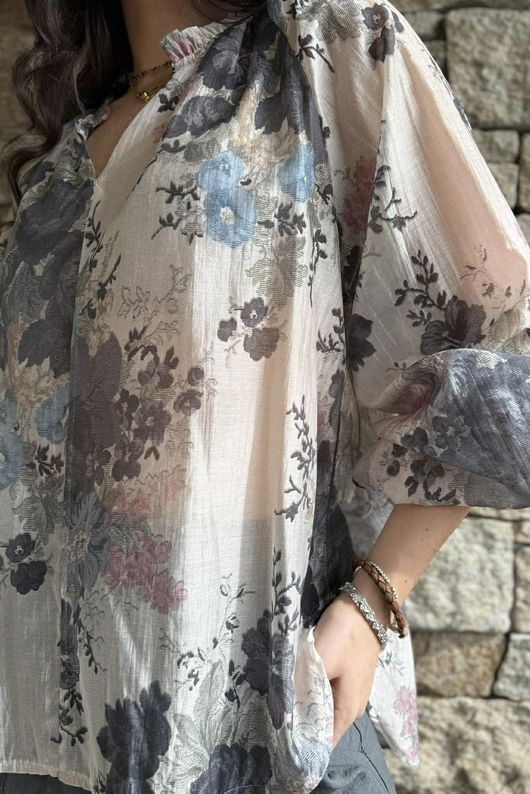 Rustic Peony Chintz Blouse Charcoal